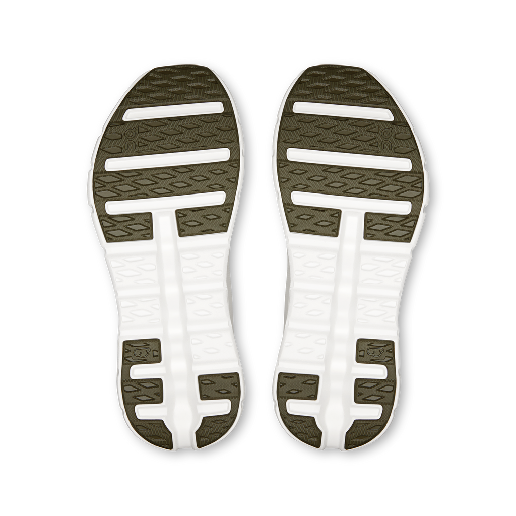 Men's Cloudtilt shoe outsoles with tread pods and rubber pads, olive and white