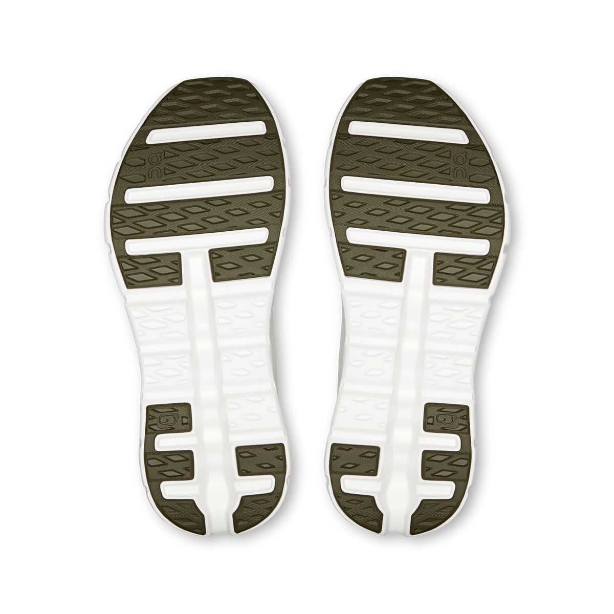 Men's Cloudtilt shoe outsoles with tread pods and rubber pads, olive and white