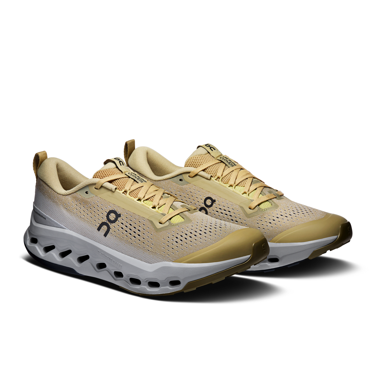 Men's trail running shoes, tan and gray perforated mesh with lace-up front
