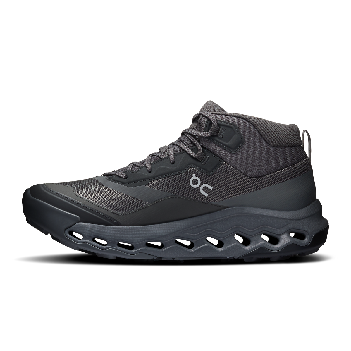 Men's waterproof mid hiking shoes by On, dark gray knit upper with lace-up and heel loop