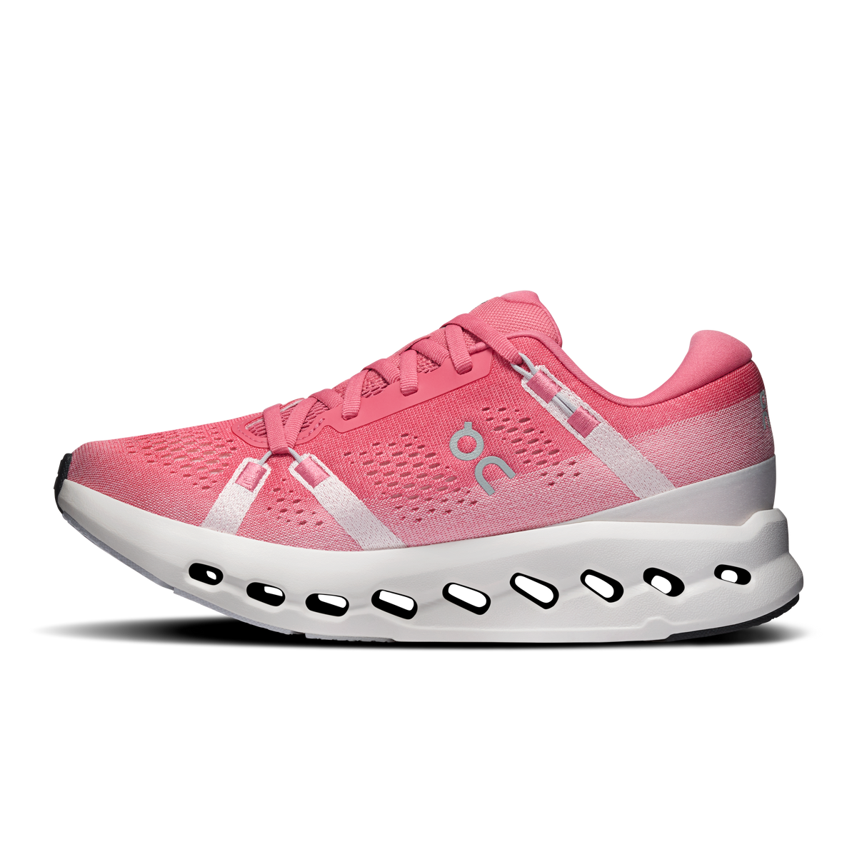 Women's On Cloudsurfer 2 running shoes, pink upper with gray stripe accents and white cloud sole