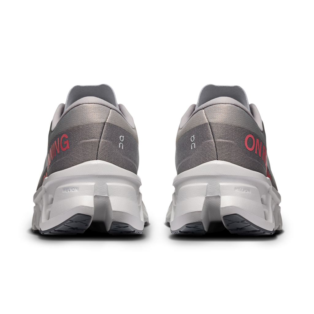 On Cloudmonster 3 men's shoes, light gray heel with On logo and white rear cushioning