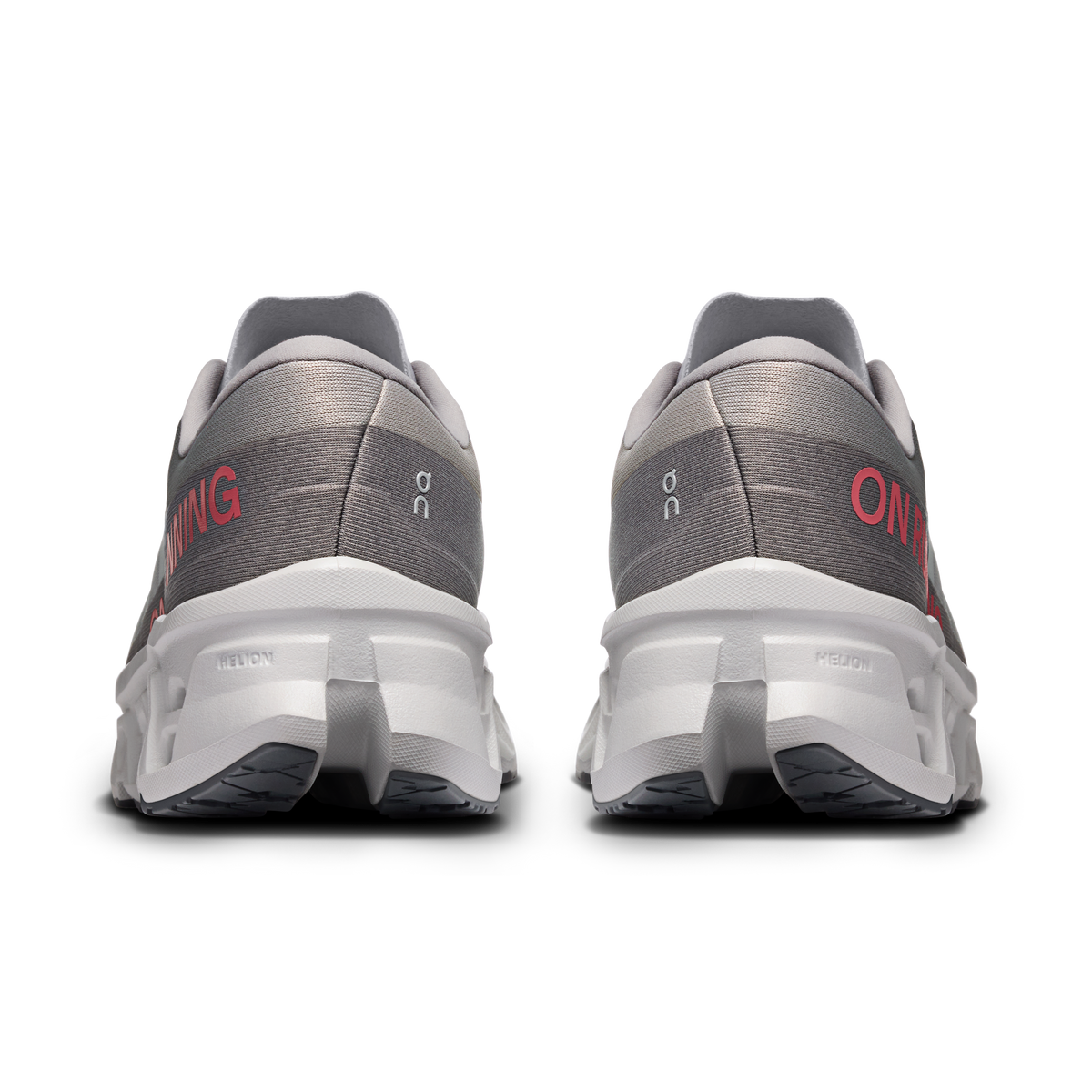 On Cloudmonster 3 men's shoes, light gray heel with On logo and white rear cushioning