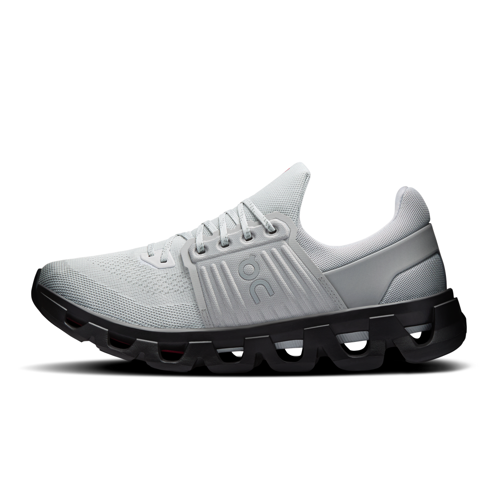 Men's running shoes, light gray upper with black midsole and tread