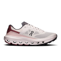 Women's running shoes, white knit with maroon side panels and cushioned cloud tread sole.
