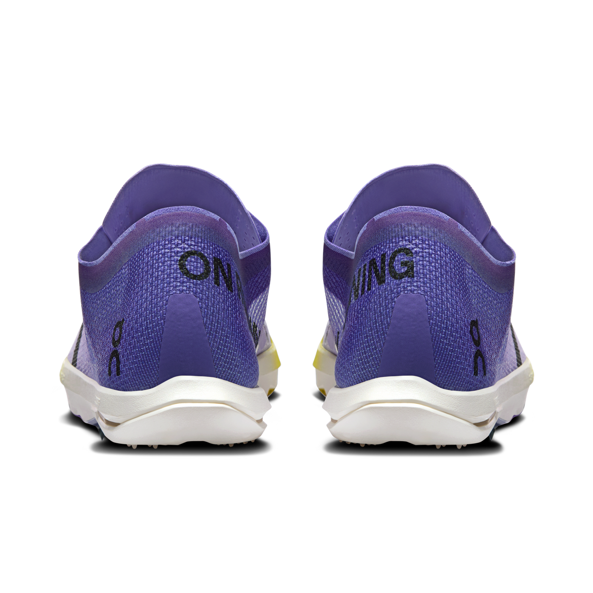 Men's running shoes with purple heel, white midsole, lime accent detail
