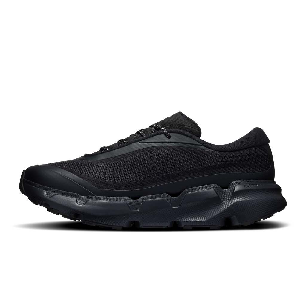 On Cloudsoma Hike men's black trail shoes, lace-up with thick rocker sole profile