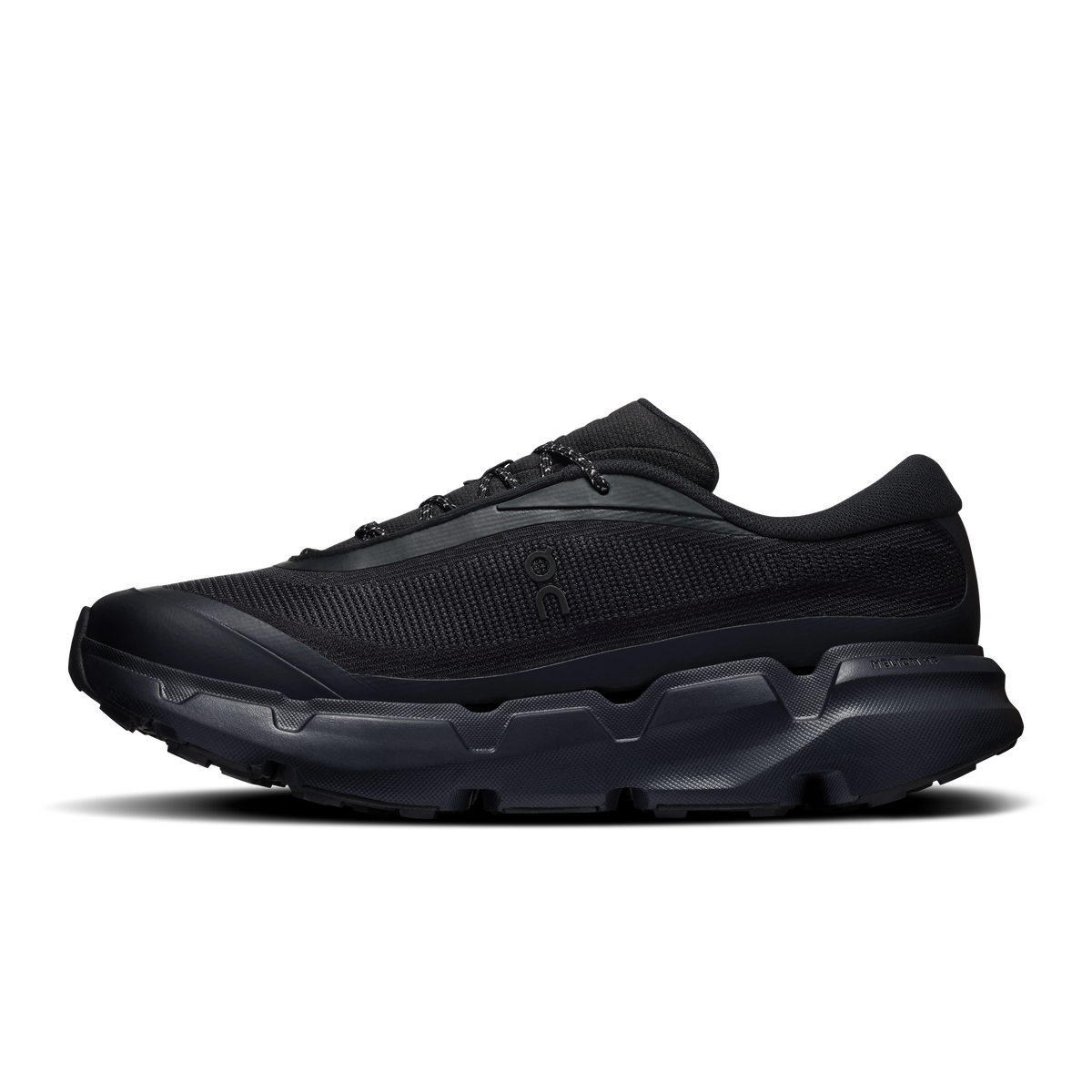 On Cloudsoma Hike men's black trail shoes, lace-up with thick rocker sole profile