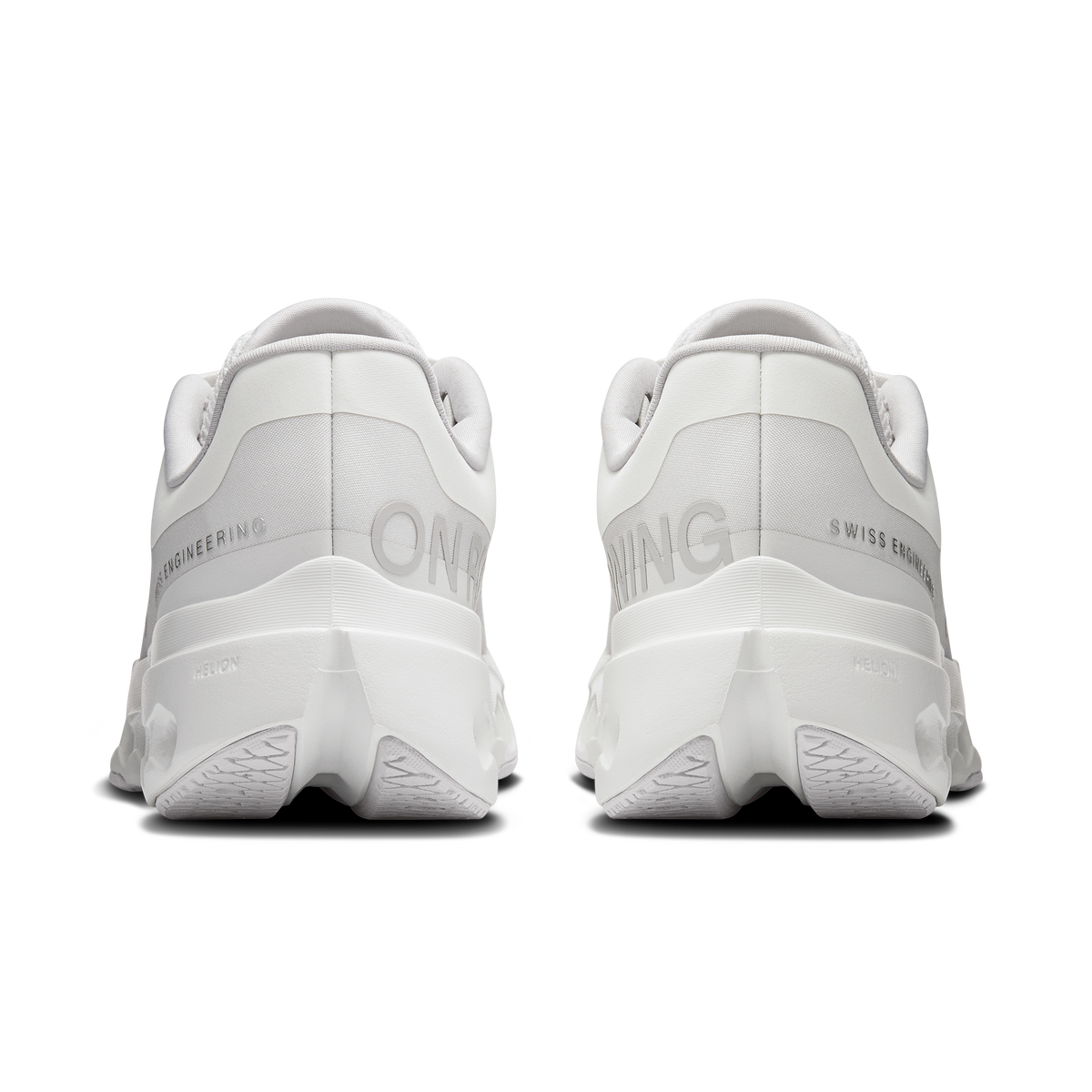 White women’s On running shoes, back view with padded heel and signature logo