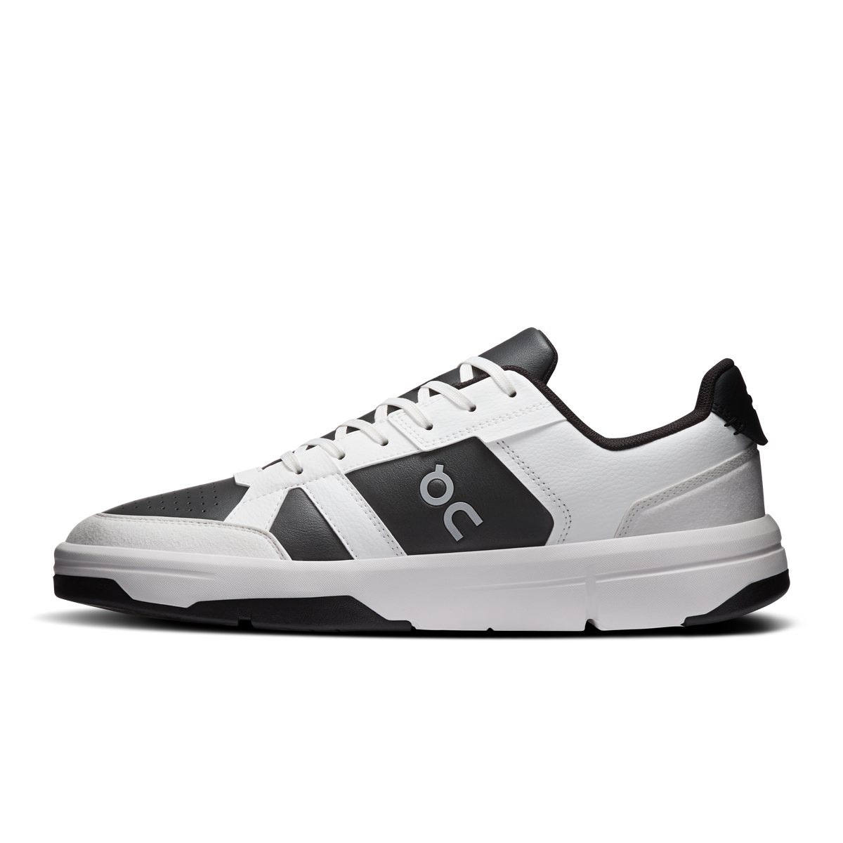 Men's white and black low-top sneakers with lace-up front and contrast side panel