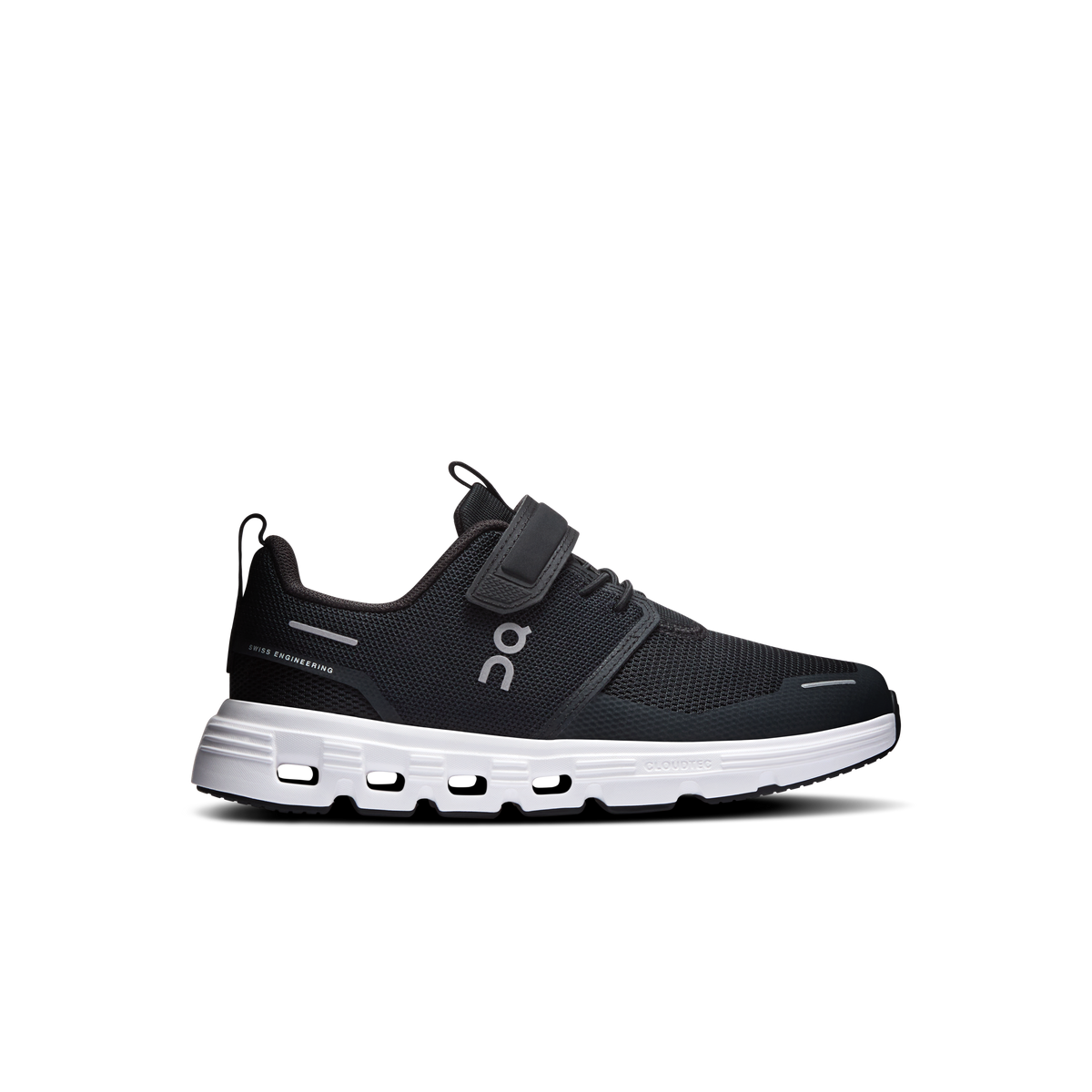 On Kids' Cloud Play 2 sneakers, black knit upper with white cloud sole