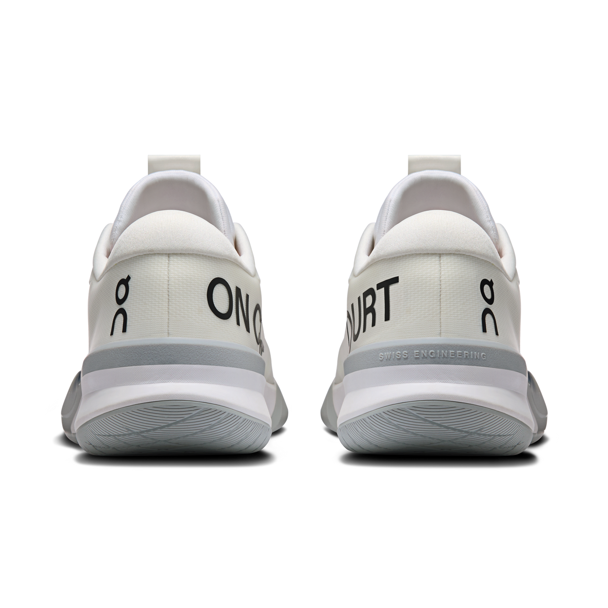 Men's white running shoes, rear view with On logo and 'Swiss Engineering'