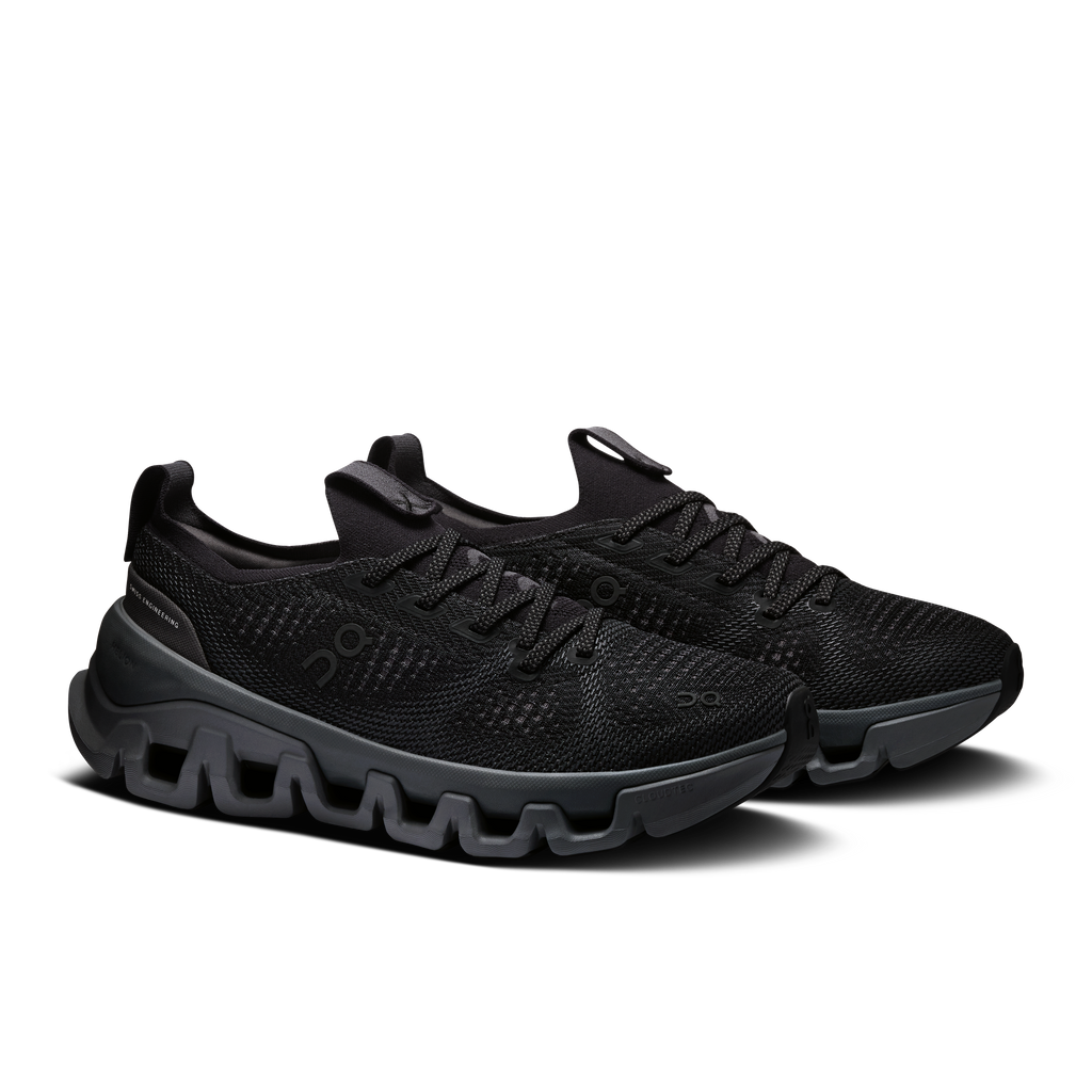 Men's black lace-up running shoe, mesh knit upper and thick cushioned outsole