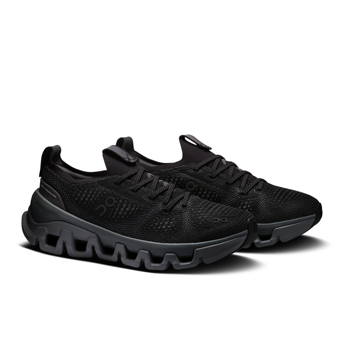 Men's black lace-up running shoe, mesh knit upper and thick cushioned outsole