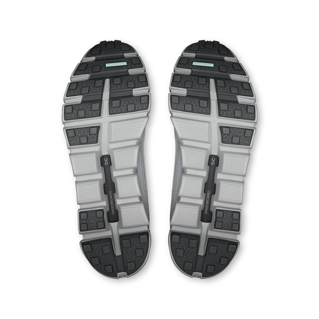 Pair of alloy gray shoe outsoles, rubber tread with CloudTec cushioning pods