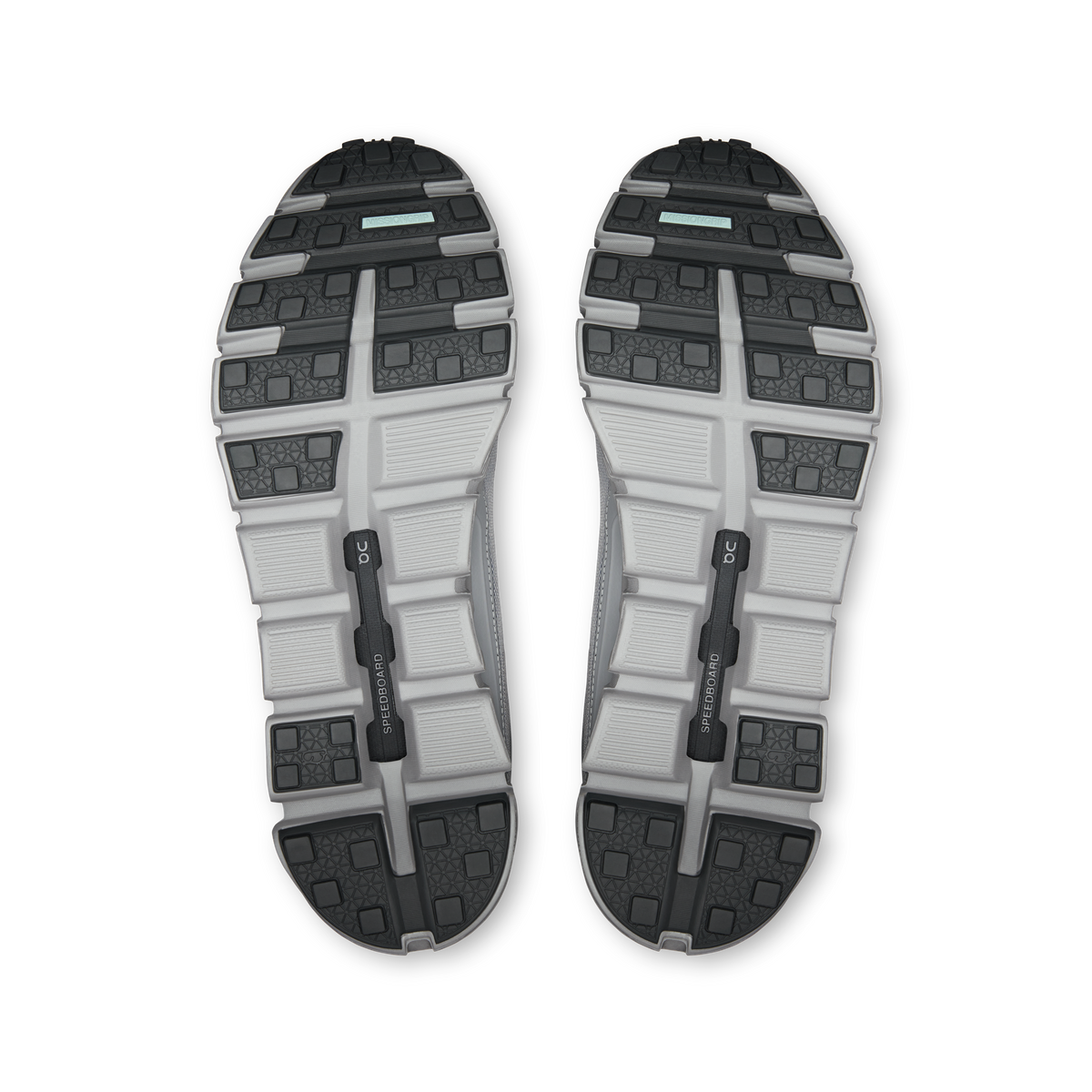 Pair of alloy gray shoe outsoles, rubber tread with CloudTec cushioning pods