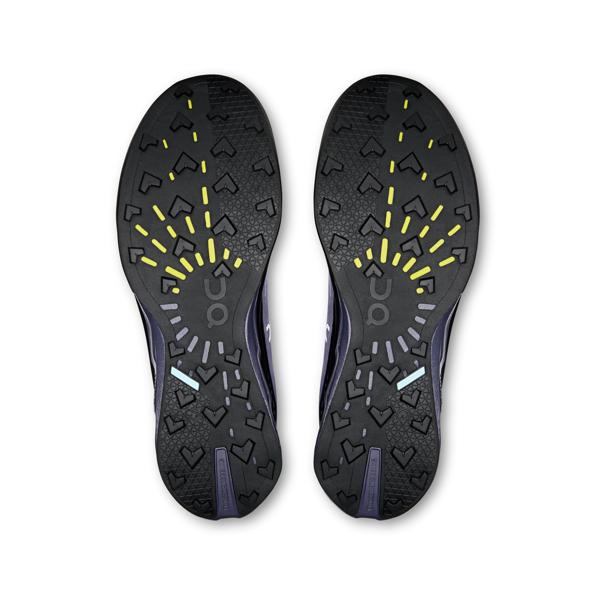 Shoe outsole pair with textured tread, dark rubber with neon yellow traction marks