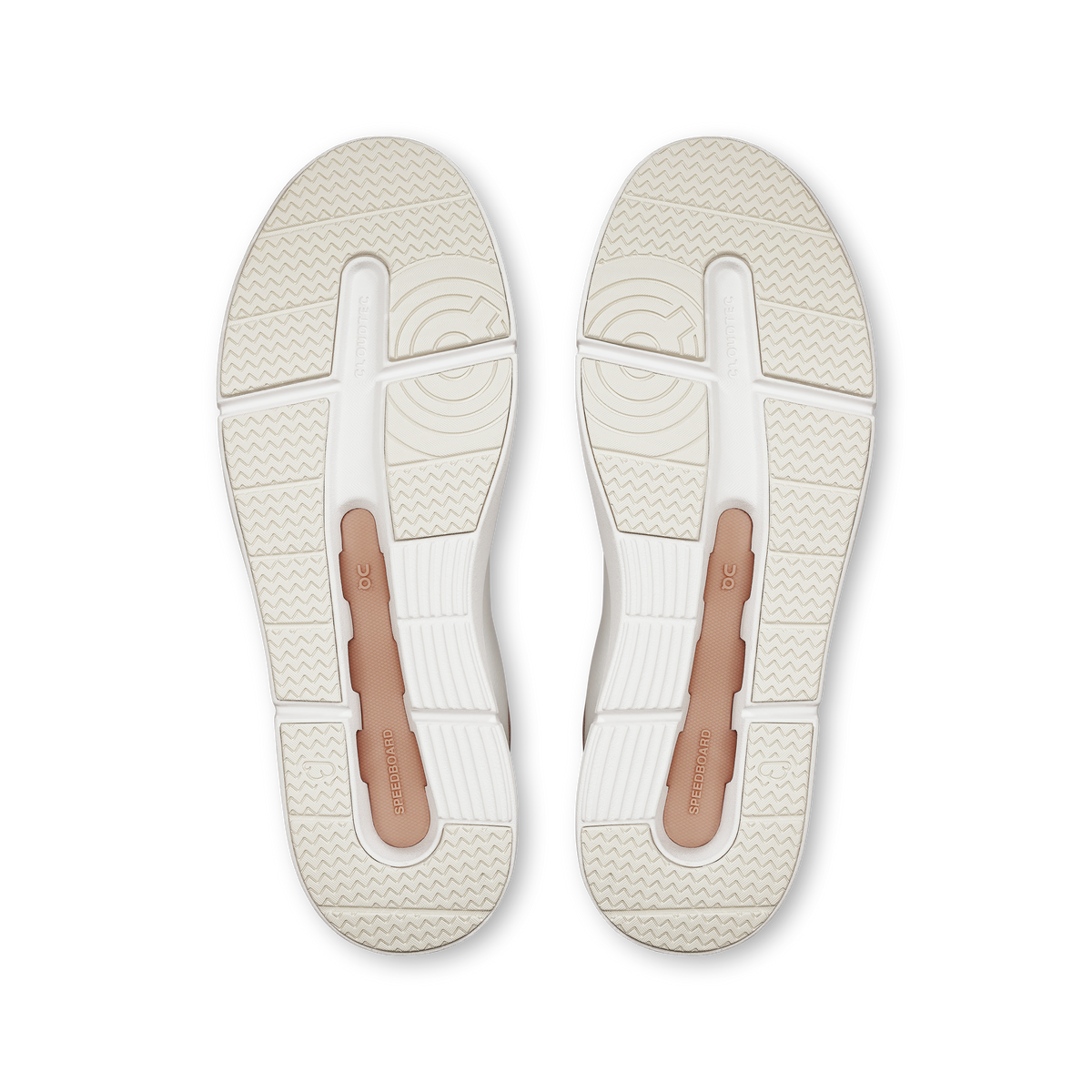 Pair of women's On shoe outsoles with textured tread and light rose inserts