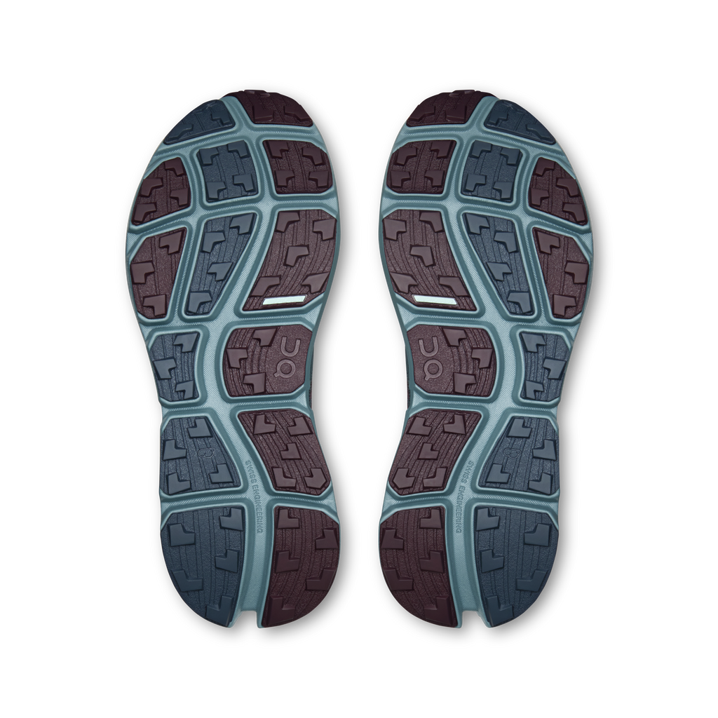 On Running women's CloudSoma shoe outsole with blue and mauve tread pattern