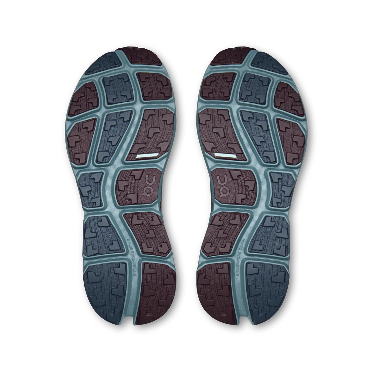 On Running women's CloudSoma shoe outsole with blue and mauve tread pattern