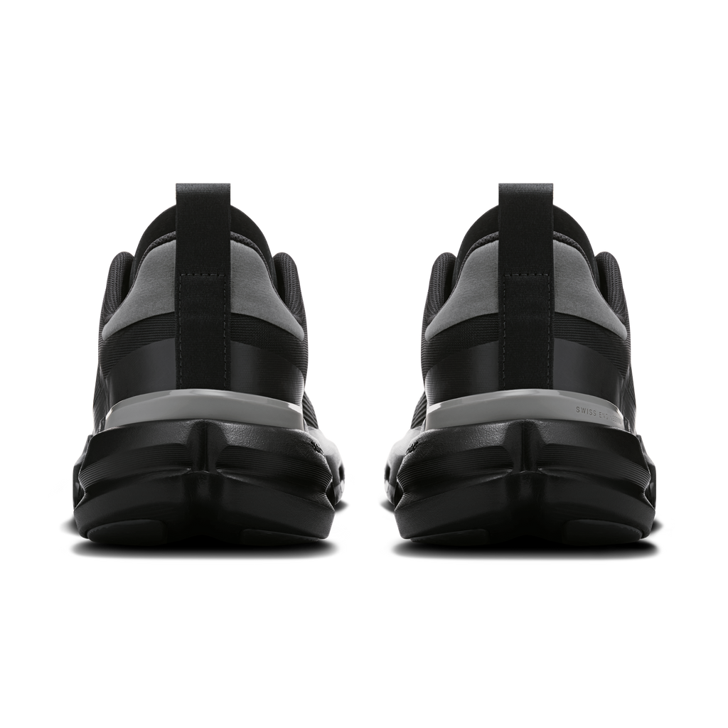 Men's black running shoes, back view with cushioned heel and padded collar