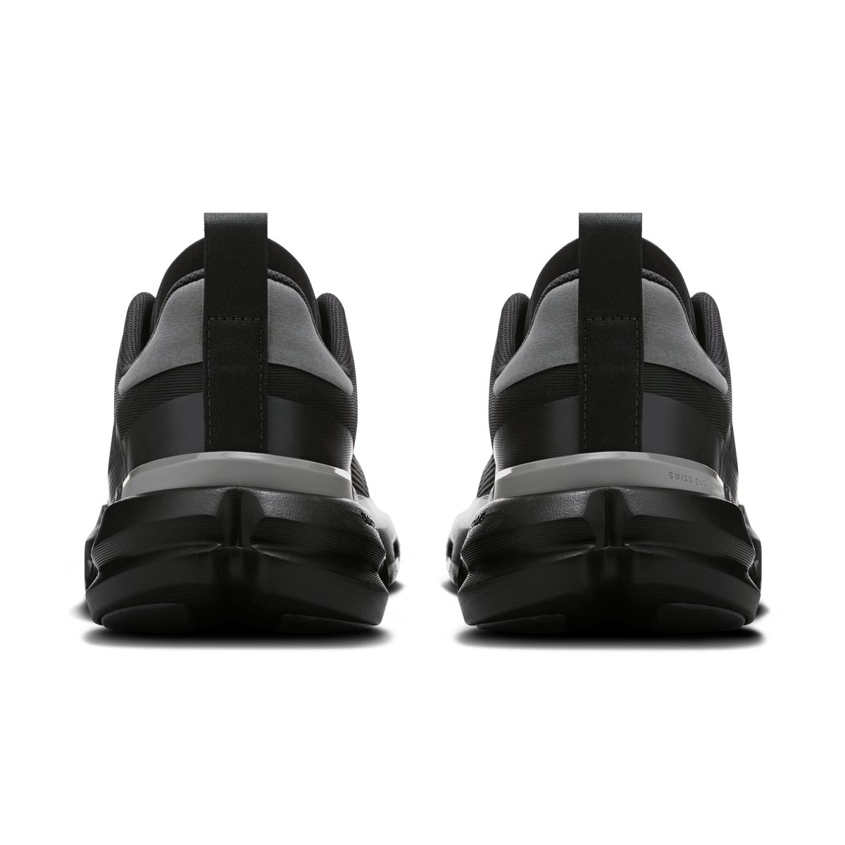 Men's black running shoes, back view with cushioned heel and padded collar