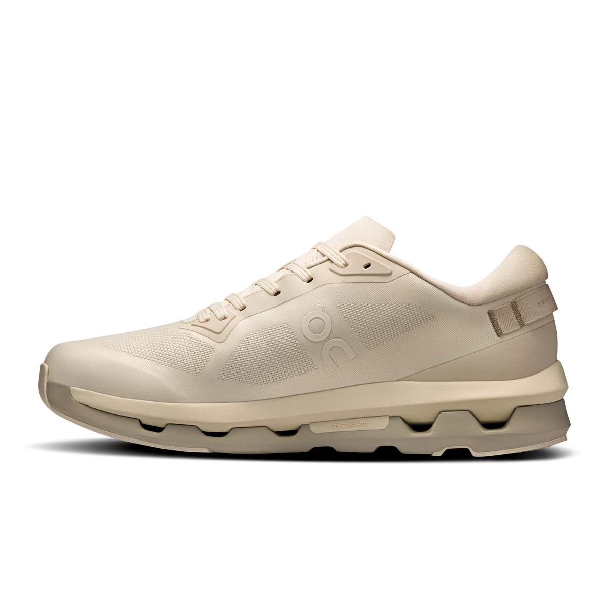 On Cloudzone running shoe in light cream, side profile with padded collar