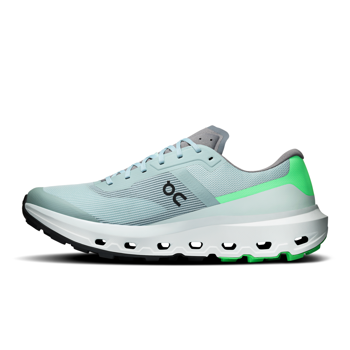Men's light blue running shoe with green side stripe and CloudTec-style midsole