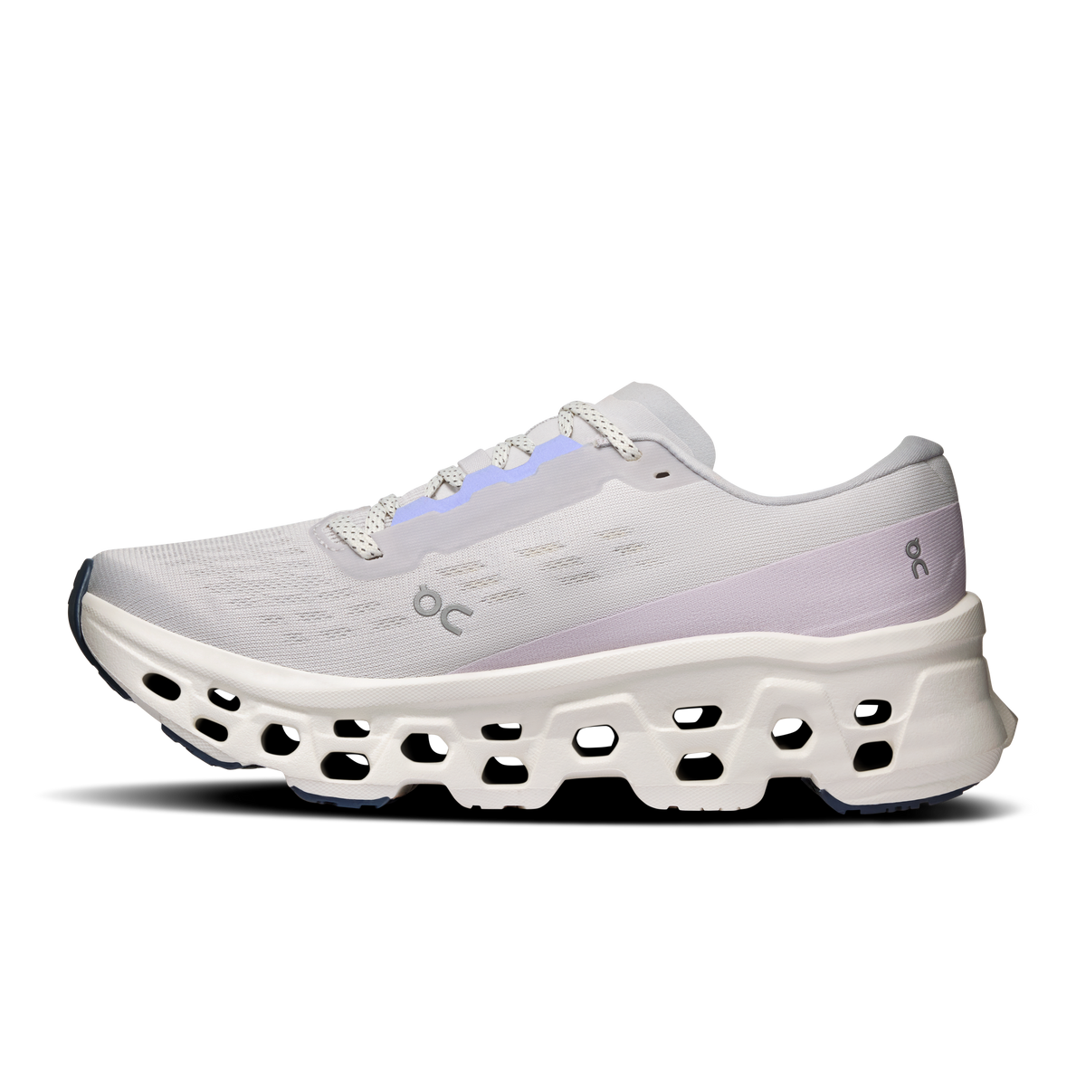 Women's On Cloudmonster 3 running shoes with lavender accents and rugged cloud sole