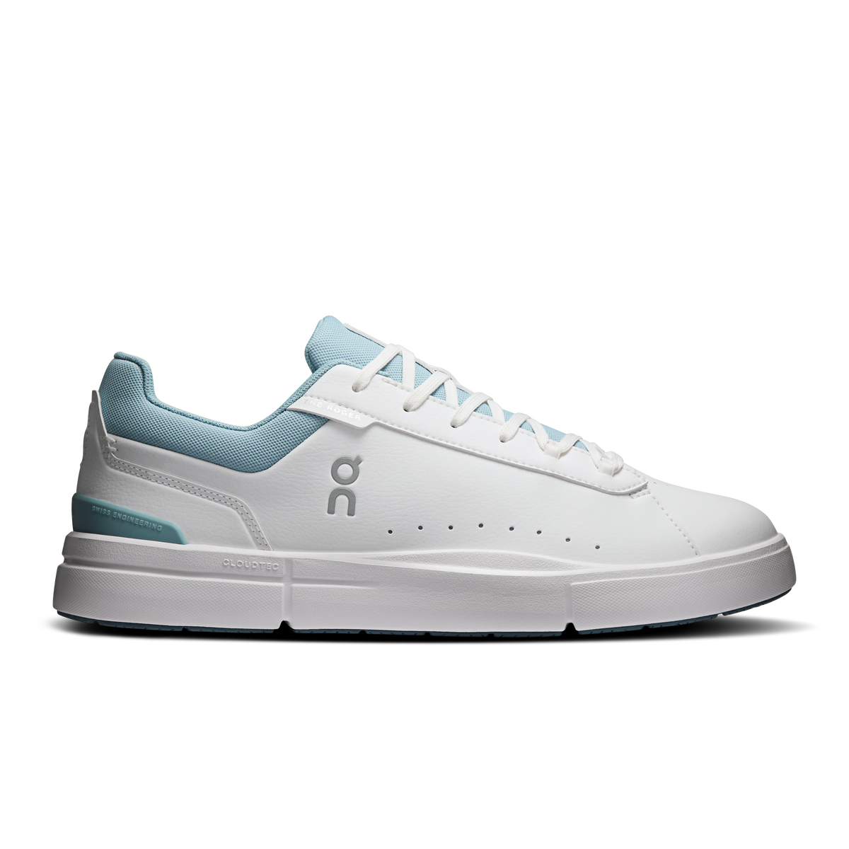 Men's white lace-up sneakers with light blue collar and side On logo