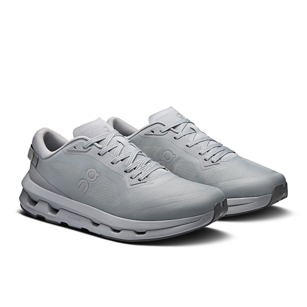 Men's light gray running shoes, lace-up mesh, On logo, cushioned midsole