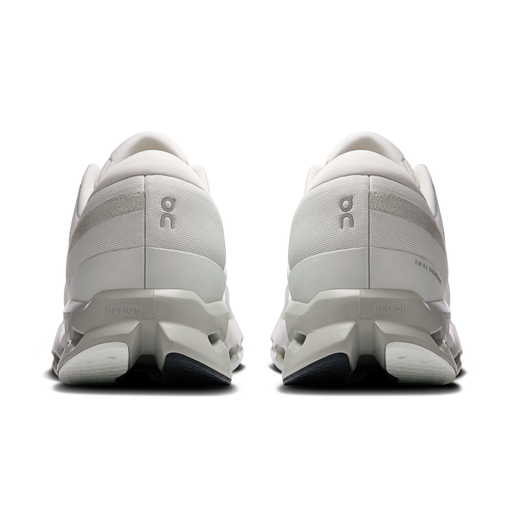 Men's running shoes back view, light ivory with padded heel and heel tab branding