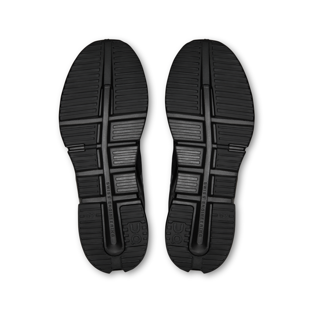 Pair of black shoe outsoles with deep traction grooves and raised ridges