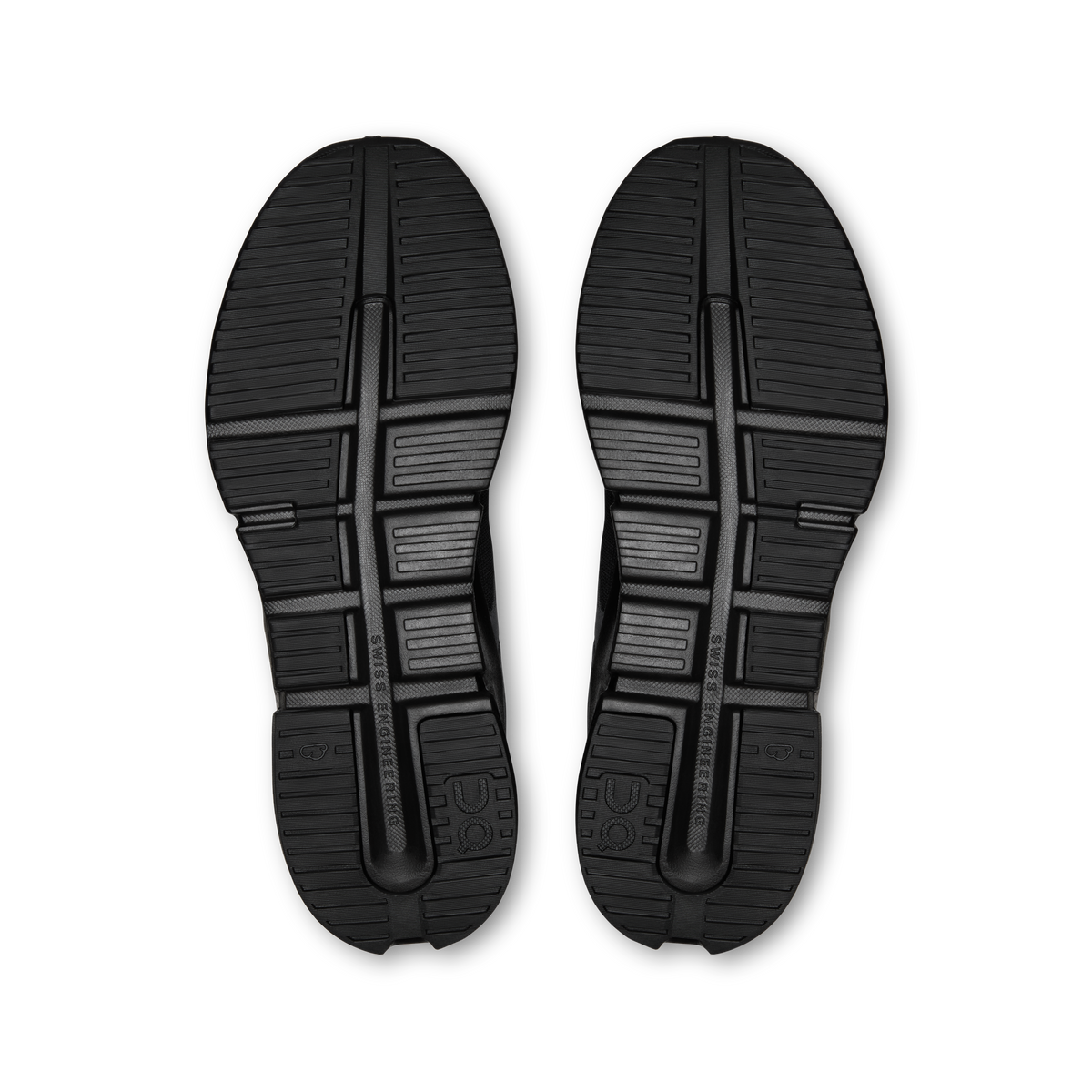 Pair of black shoe outsoles with deep traction grooves and raised ridges