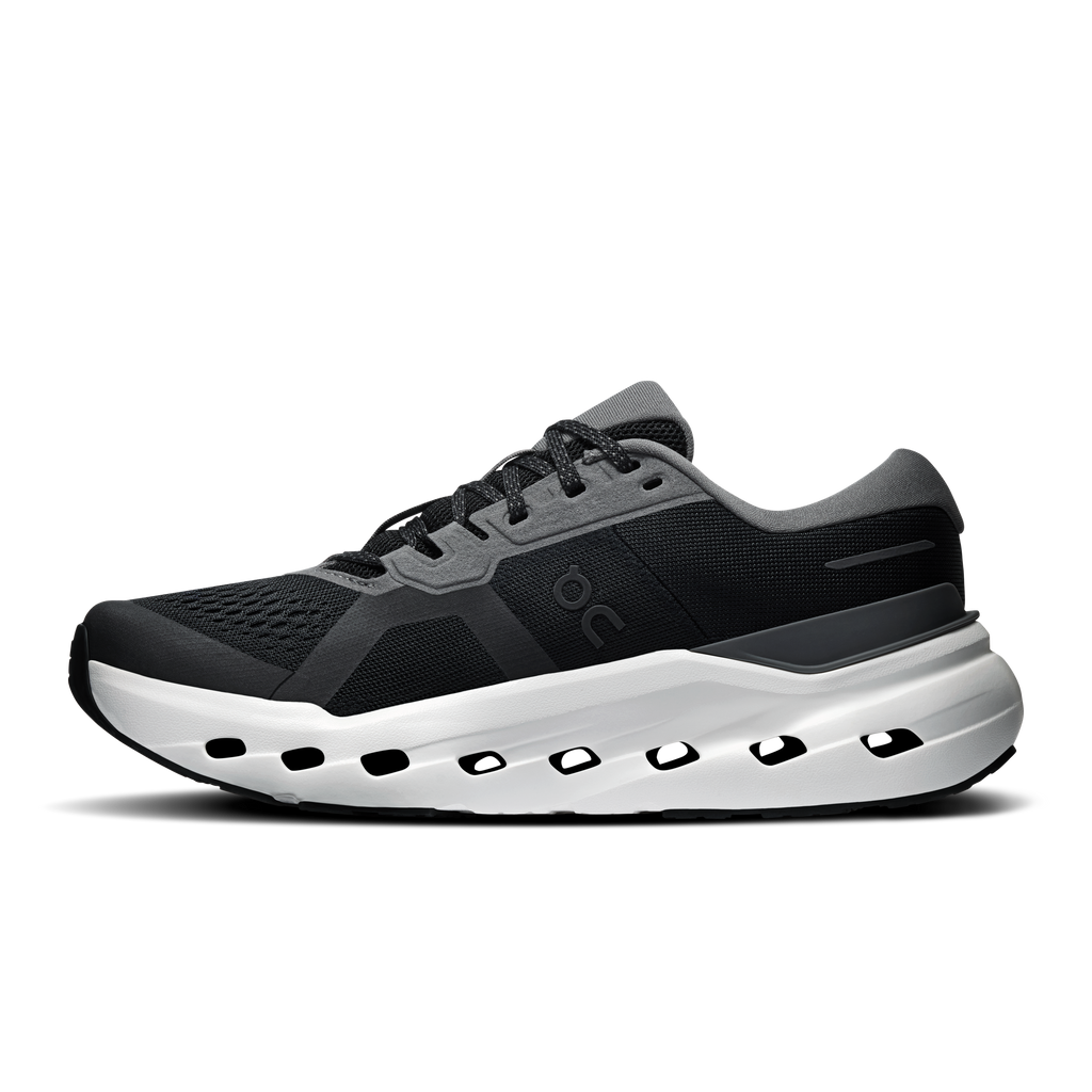 Black running shoe with gray support panels and white cloud-style outsole platform.