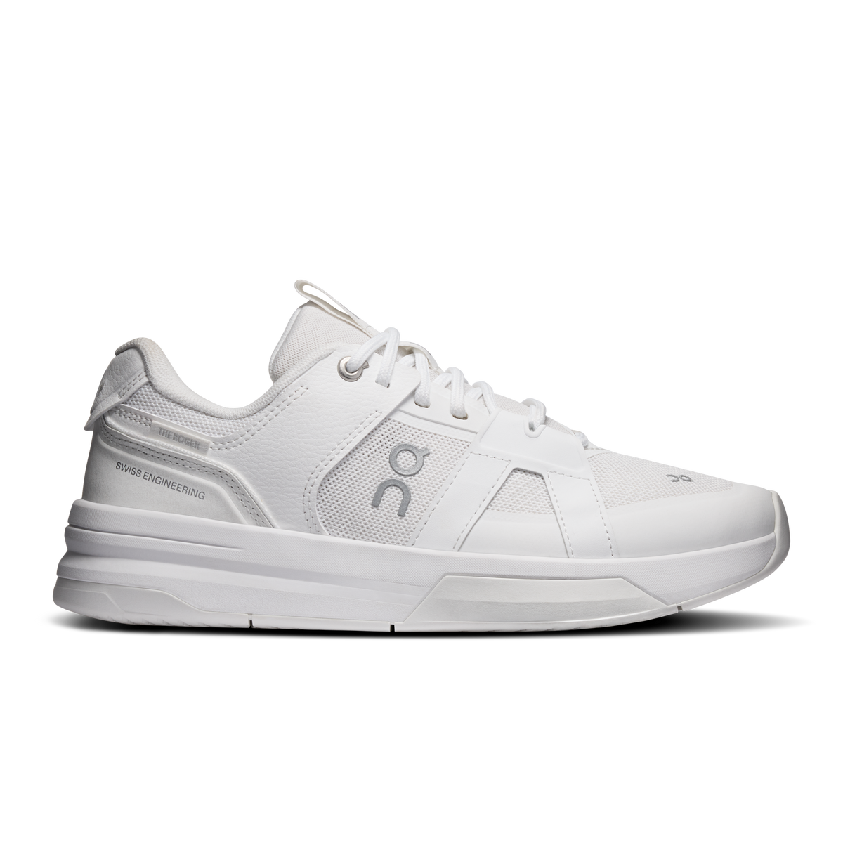 On women's running shoes in white with lace-up front and side logo details
