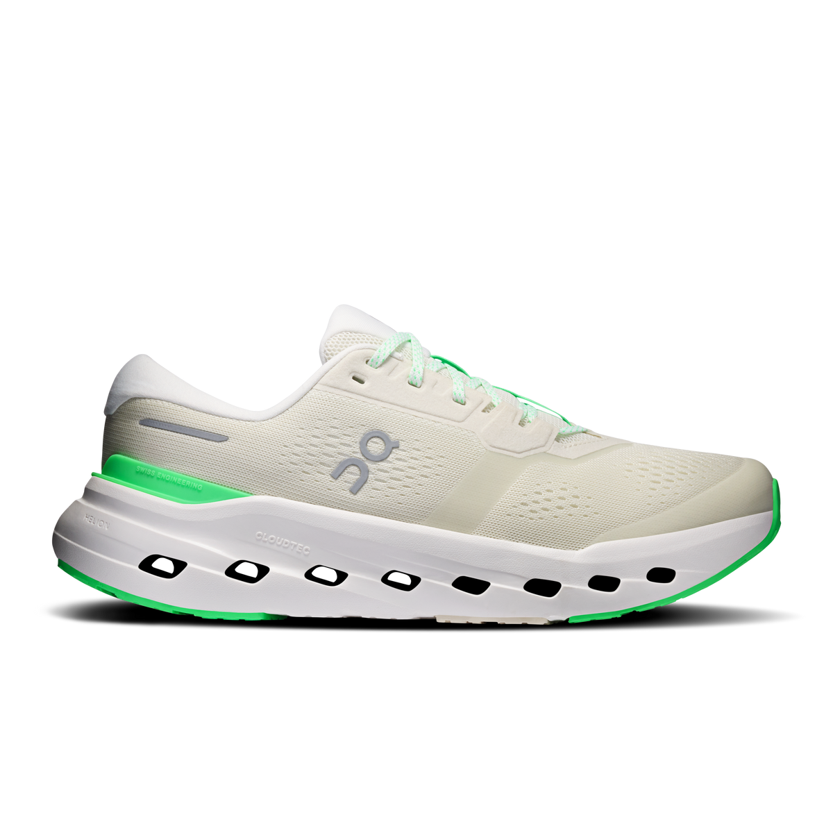 Men's running shoes in white with mint green accents, lace-up, Cloudrunner 3 style.