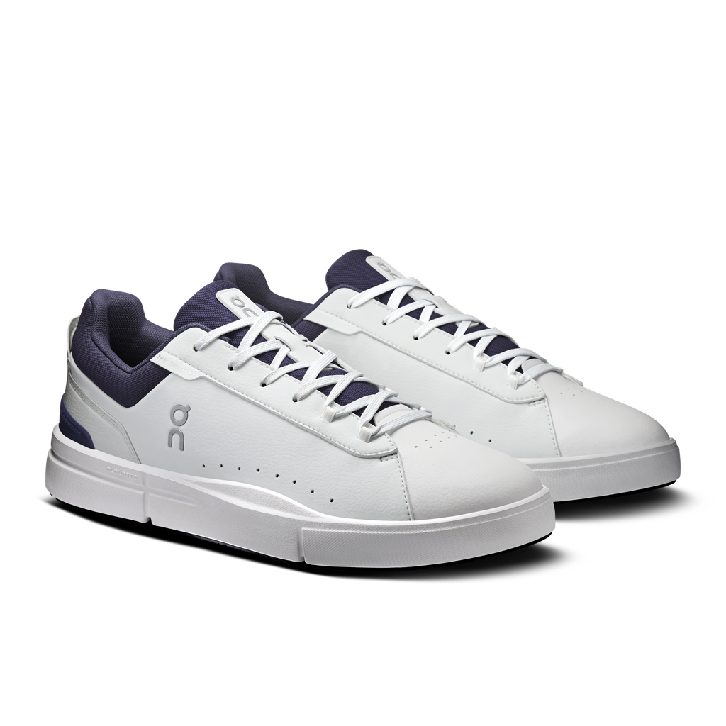 Men's white lace-up sneakers with midnight blue toe cap and side panel details