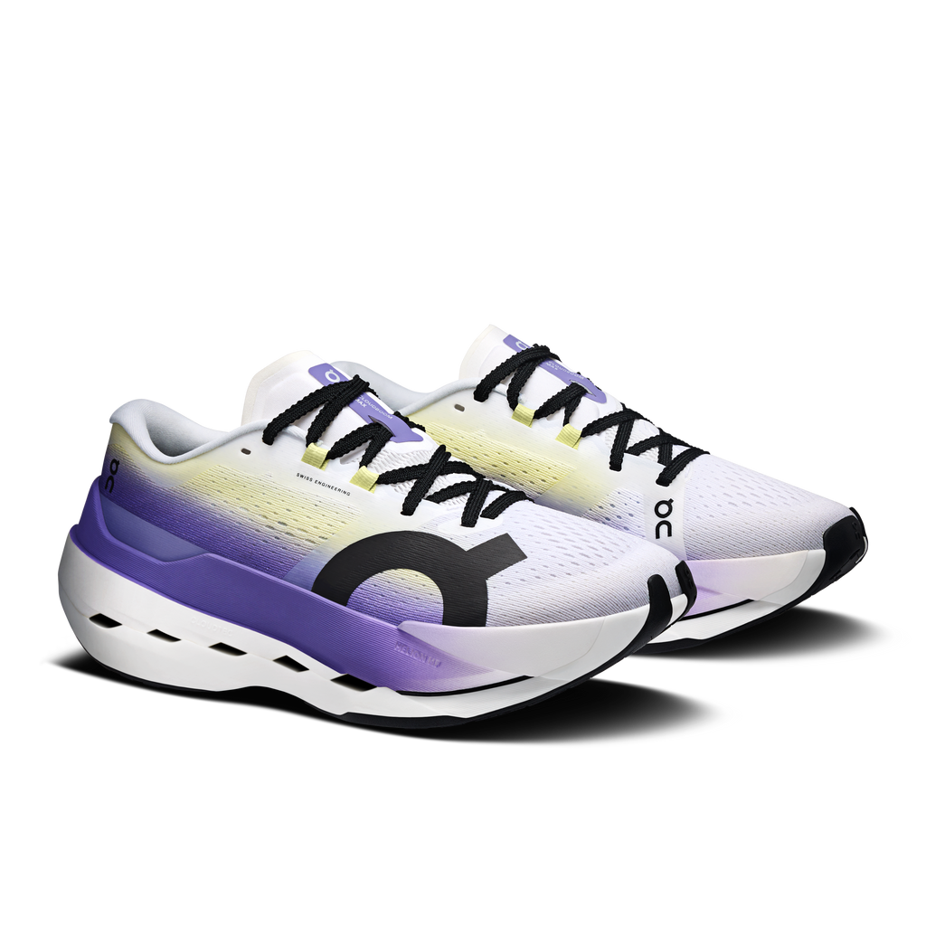 Women’s On running shoes, side view in white with purple fade and black lace-up