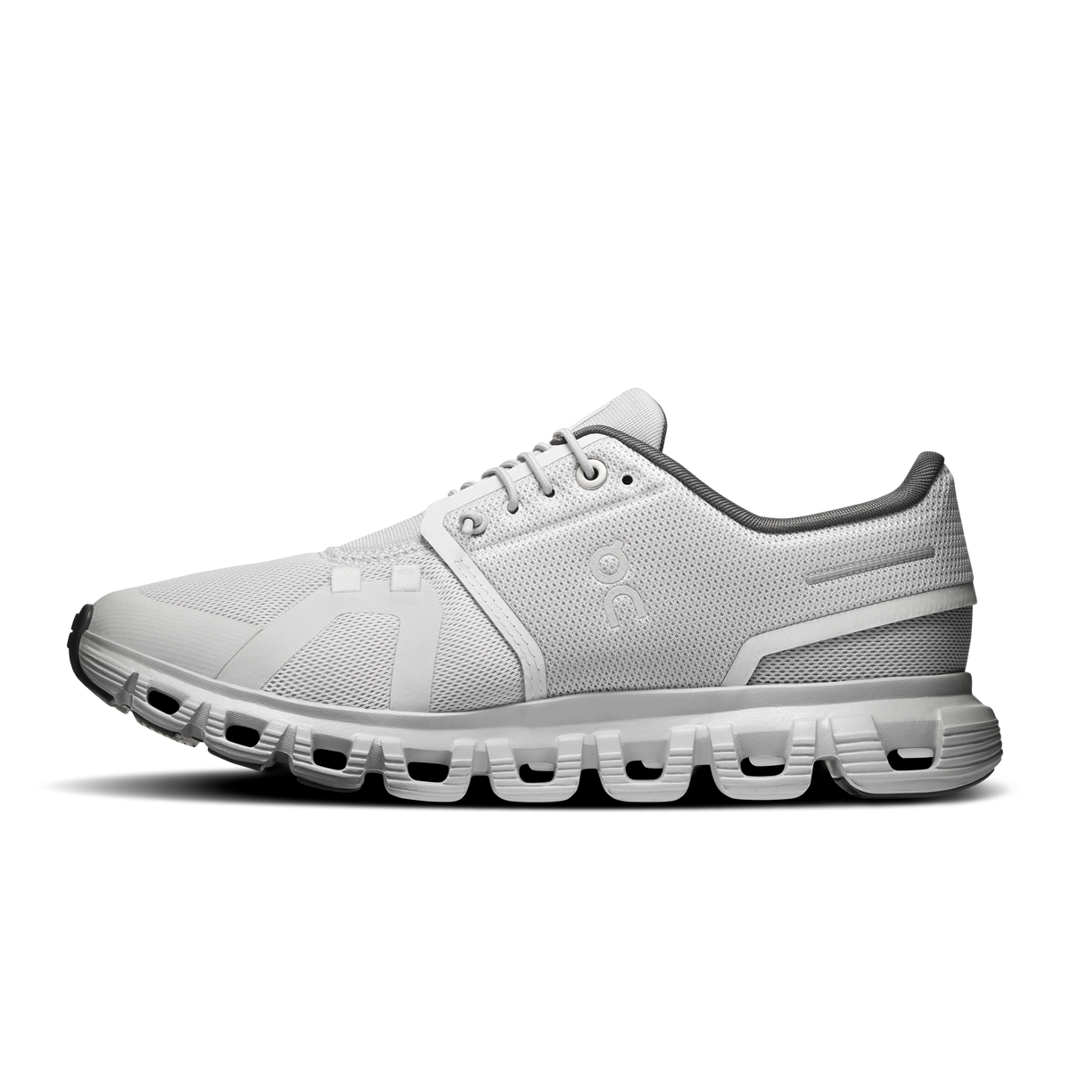 Women’s On Cloud 6 running shoes, light gray mesh upper, side angle