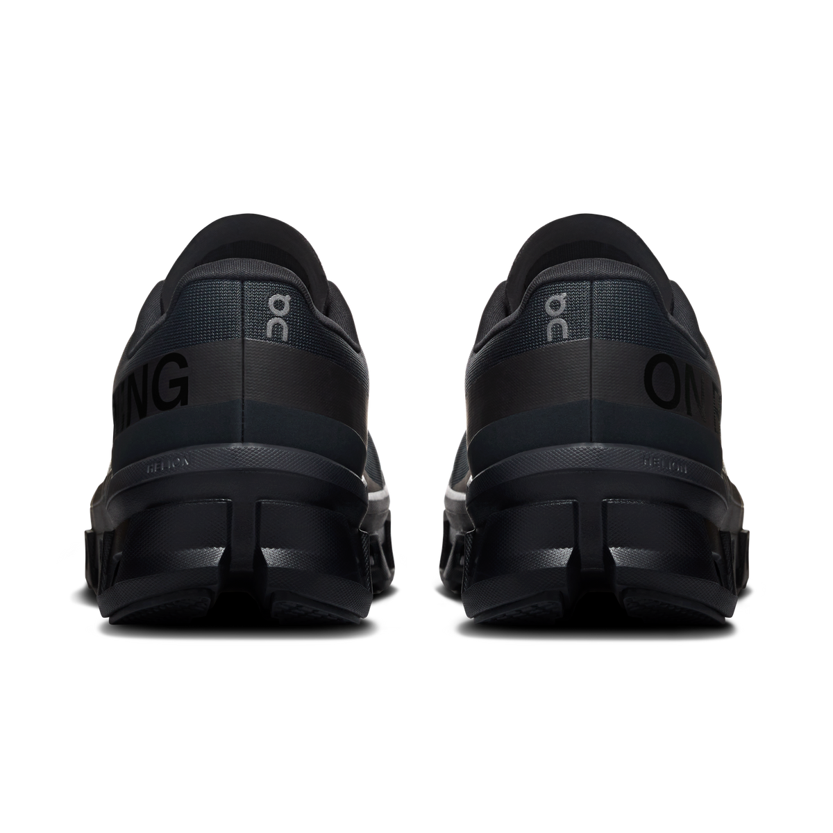 Men's black running shoes rear view with heel cushioning and lace-back detail