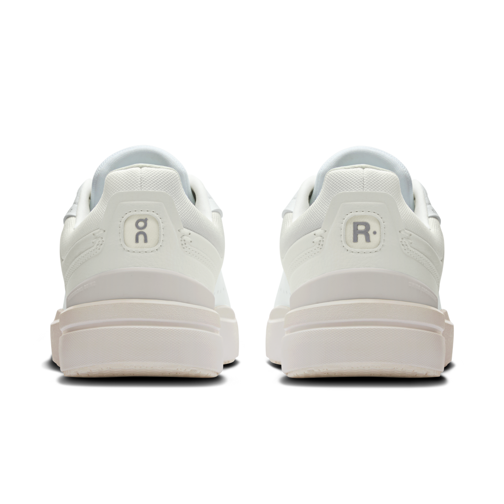 Women's On Running Roger Advantage shoes, white heel with On and R emblems