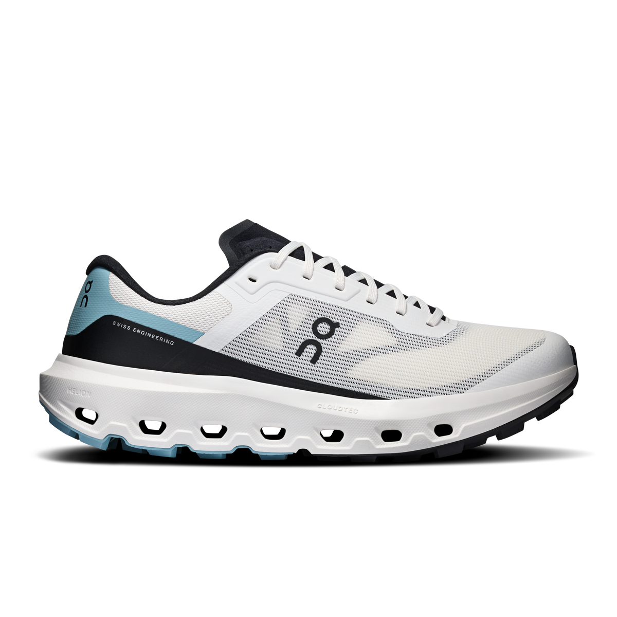 Men's running shoes in ivory with black lining and blue accents, lace-up side view