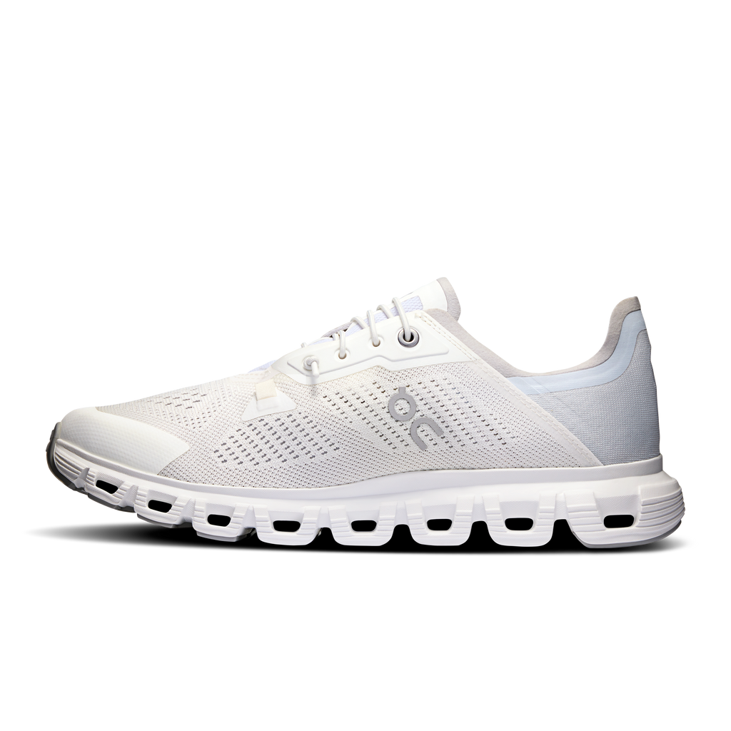 Women's white lace-up running shoe with perforated upper and light blue heel lining