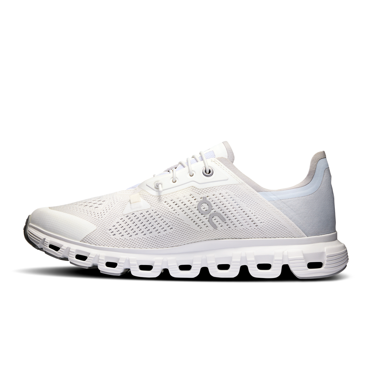 Women's white lace-up running shoe with perforated upper and light blue heel lining