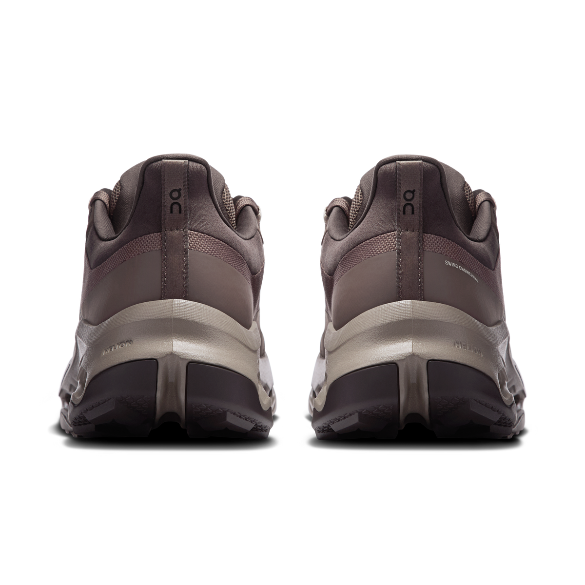 Men's running shoes, rear view, taupe uppers with lace loops and CloudTec-style cushioning.
