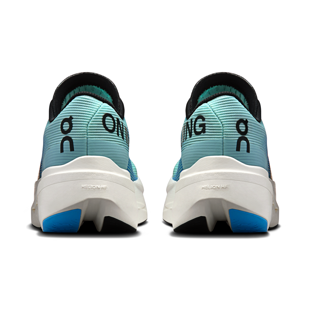 Women’s On Cloudboom Volt shoes, back view with celeste blue upper and blue heel panel