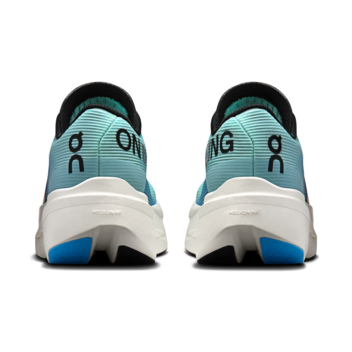 Women’s On Cloudboom Volt shoes, back view with celeste blue upper and blue heel panel