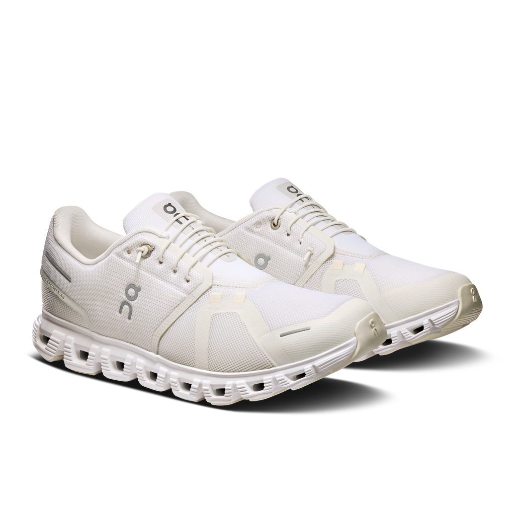 On Cloud 6 wide running shoes, white mesh upper, lace-up, angled side profile