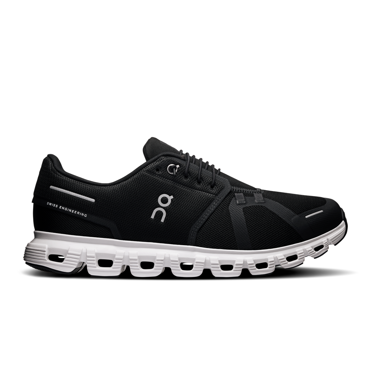 On Cloud 6 men's running shoes, black mesh with white CloudTec midsole